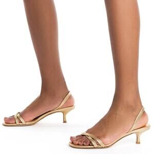 Larroude Mini Annie Sandals Kitten Heel Party Metallic Leather Gold Party Sz 6.5
